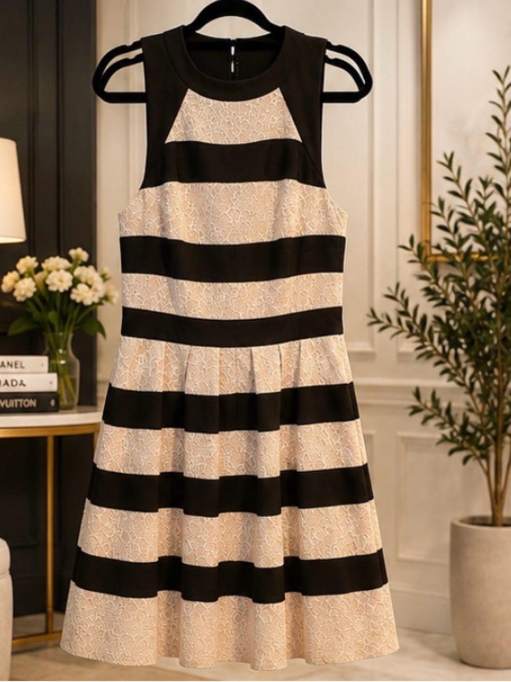 Karen Millen Black Ivory Lace Stripe Fit & Flare Dress UK 14 US 10